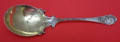Shiebler Maintenon Sterling Silver Berry Spoon 8 Gold Washed Design: Shiebler Maintenon Sterling Silver Berry Spoon 8 Gold Washed Design This exquisite serving spoon, known as the Maintenon pattern by Shiebler, is crafted from sterling silver and features a gold-washed