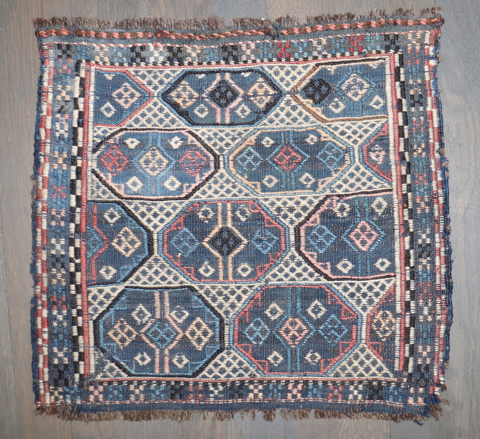 1' 3" x 1' 5" Mid 20th Century Soumac Yastik Jajim: 1' 3" x 1' 5" Mid 20th Century Soumac Yastik Jajim Mid 20th century Mini Jajim yastik in Soumac weave. This pre-owned piece offers a compact format consistent with the original listing. Specifications