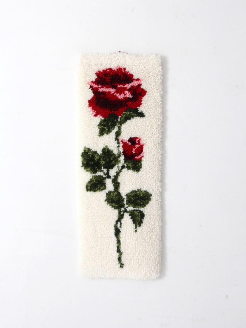 Shillcraft Vintage Latch Hook Floral Wall Hanging: Shillcraft Vintage Latch Hook Floral Wall Hanging This vintage Shillcraft latch hook wall hanging from the 1970s features a single red rose crafted in a dense, textured pile. The floral motif stands o
