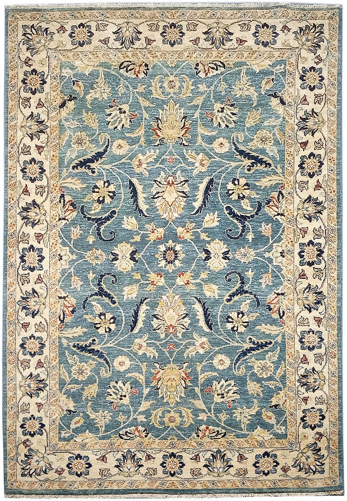 5.5 x 8.2 Hand-Knotted Blue Vegetable Dyed Chobi Rug: 5.5 x 8.2 Hand-Knotted Blue Vegetable Dyed Chobi Rug Free continental US Shipping Introducing the exquisite 5.5 x 8.2 Blue Vegetable Dyed Chobi Rug, a stunning blend of traditional craftsmanship and s