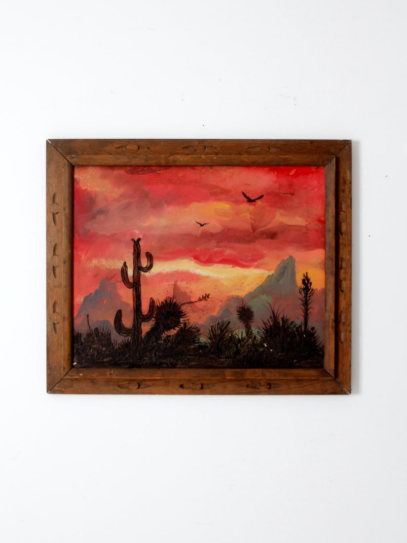 Vintage Framed Southwestern Sunset Landscape by Cons. M Alcala C: Vintage Framed Southwestern Sunset Landscape by Cons. M Alcala C This vintage framed painting features a stunning Southwestern landscape at sunset, showcasing a vibrant palette of rich reds, pinks, go