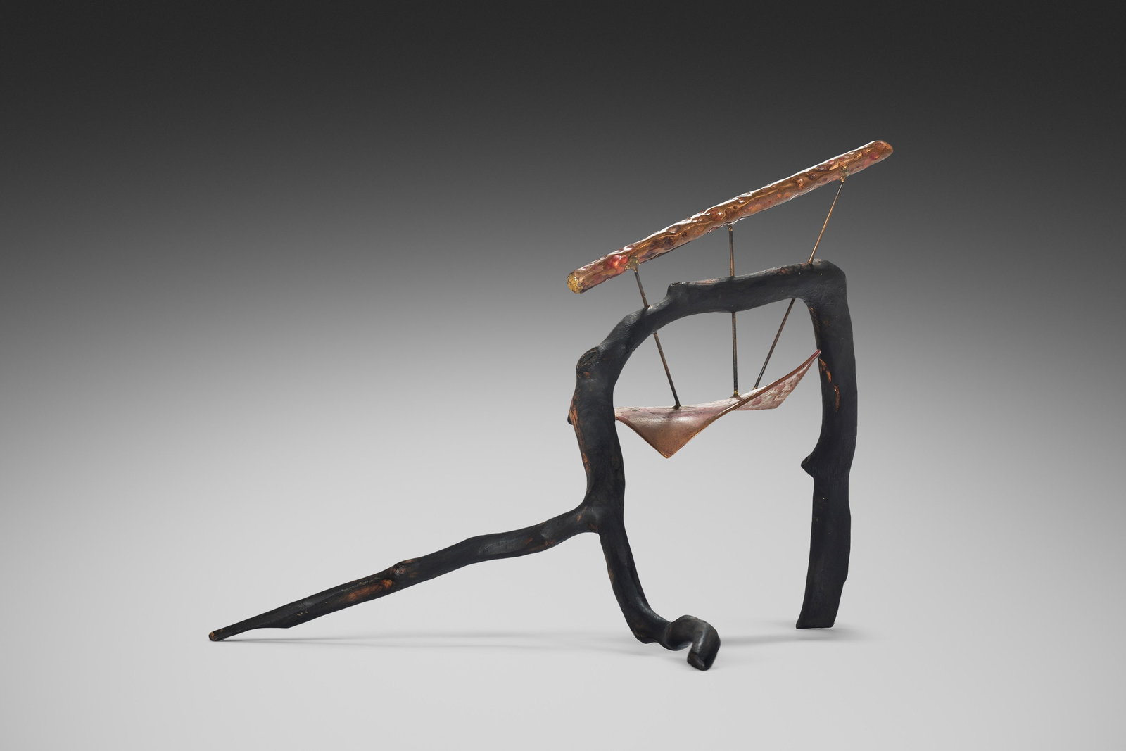 1960s Organic Sculptural Art Ebonized Wood Patinaed Copper: 1960s Organic Sculptural Art Ebonized Wood Patinaed Copper 'Rooted in the Earth' is a remarkable organic sculptural art piece that beautifully embodies the connection between humanity and nature. Craf