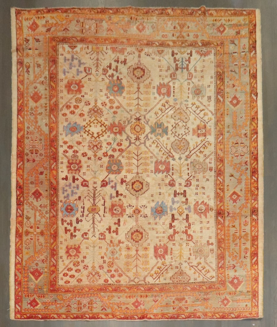 8' 2" x 9' 10" Antique Oushak Rug Ivory Field: 8' 2" x 9' 10" Antique Oushak Rug Ivory Field Late 19th century antique Oushak rug with an ivory field and a worn appearance. This pre-owned room-size rug is described as Oushak and Shabby Chic. Speci