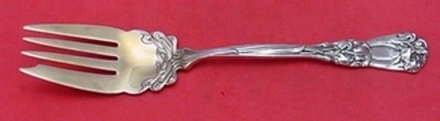 Durgin-Gorham Iris Sterling Silver Gold Washed Salad Fork 6 3/8": Durgin-Gorham Iris Sterling Silver Gold Washed Salad Fork 6 3/8" This exquisite salad fork features the elegant Iris pattern by Durgin-Gorham, crafted from high-quality sterling silver with a gold-was