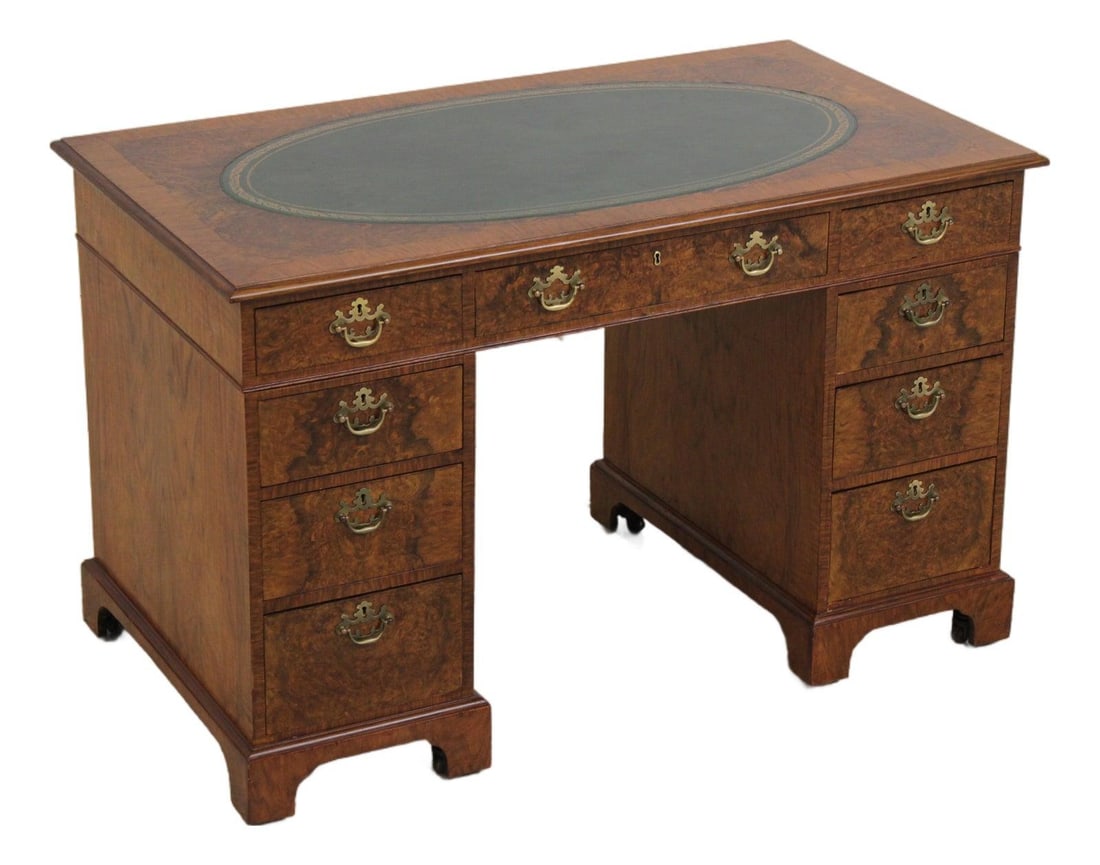 1920s Burl Walnut Writing Desk with Three Sections and Green Leather Surface (1 of 10)