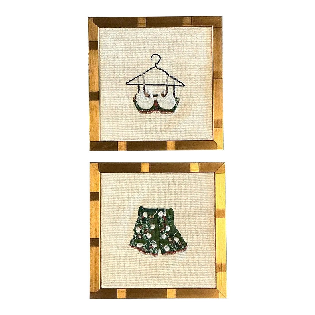Pair of Framed Vintage Needlepoint Bikini Artworks Set of 2: Pair of Framed Vintage Needlepoint Bikini Artworks Set of 2 This set includes two original vintage needlepoint artworks from the 1970s, each hand-stitched on textured ivory linen. The pieces feature p
