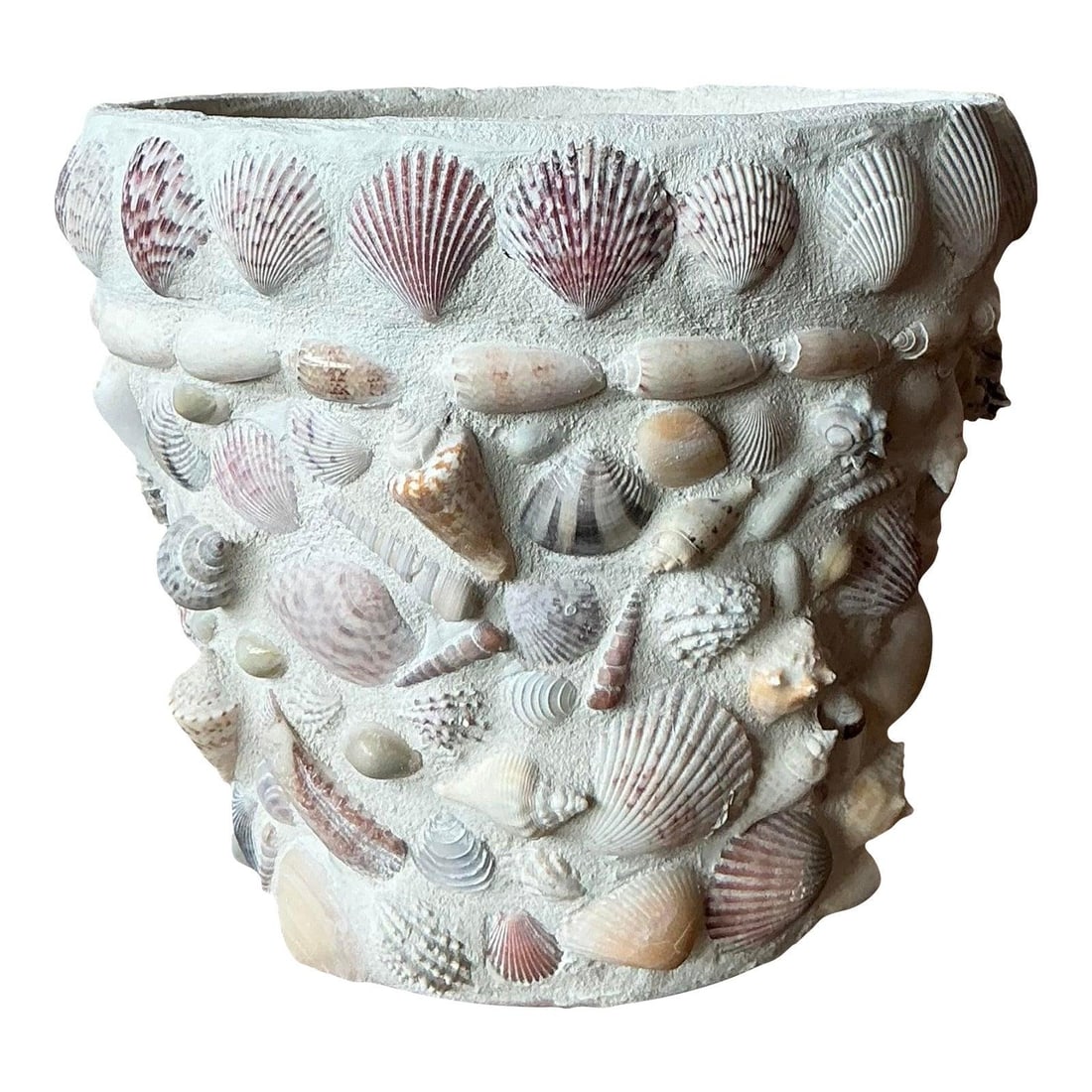 Handcrafted Shell Mosaic Terracotta Planter Coastal Vintage Bohemian Decor: Handcrafted Shell Mosaic Terracotta Planter Coastal Vintage Bohemian Decor This vintage planter combines rustic garden style with coastal flair, featuring a wide terracotta base completely hand-encrus