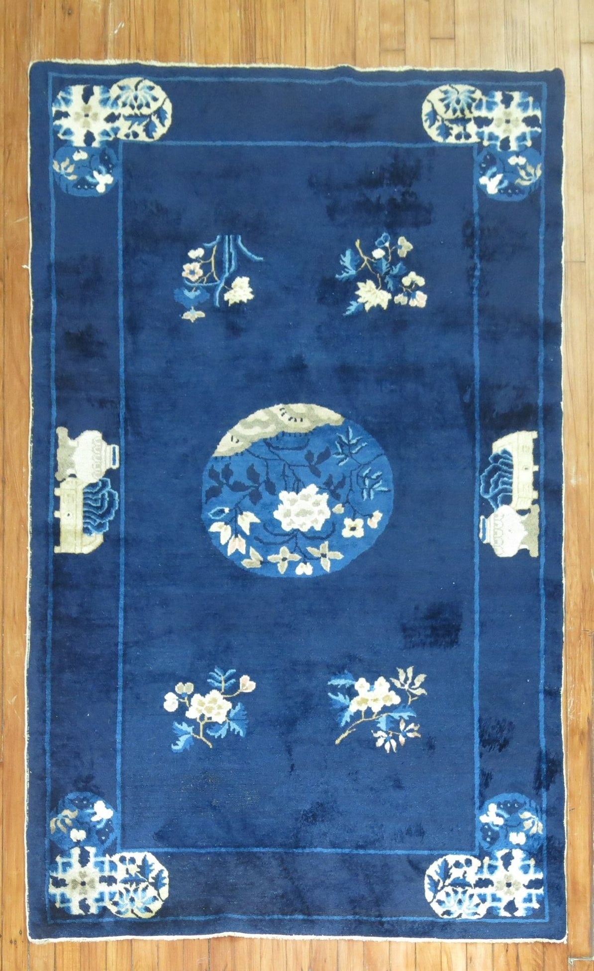4' x 6' 9" Antique Peking Accent Rug in Midnight Blue: 4' x 6' 9" Antique Peking Accent Rug in Midnight Blue Antique Chinese Peking accent rug in a midnight blue colorway, dating to the first quarter of the 20th century. This pre-owned rug features floral