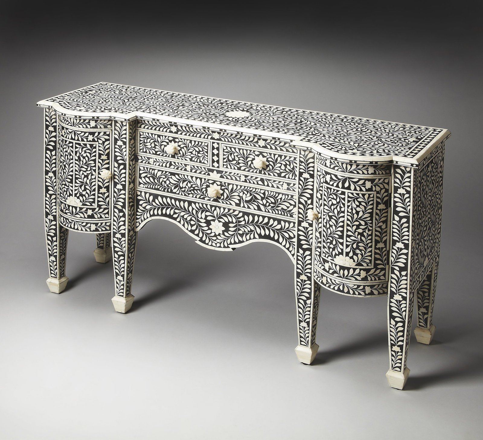 Butler Vivienne Collection Black Bone Inlay Buffet Moroccan Style: Butler Vivienne Collection Black Bone Inlay Buffet Moroccan Style Elevate your dining area with this exquisite buffet from the Vivienne Collection, showcasing a stunning black bone inlay finish that a