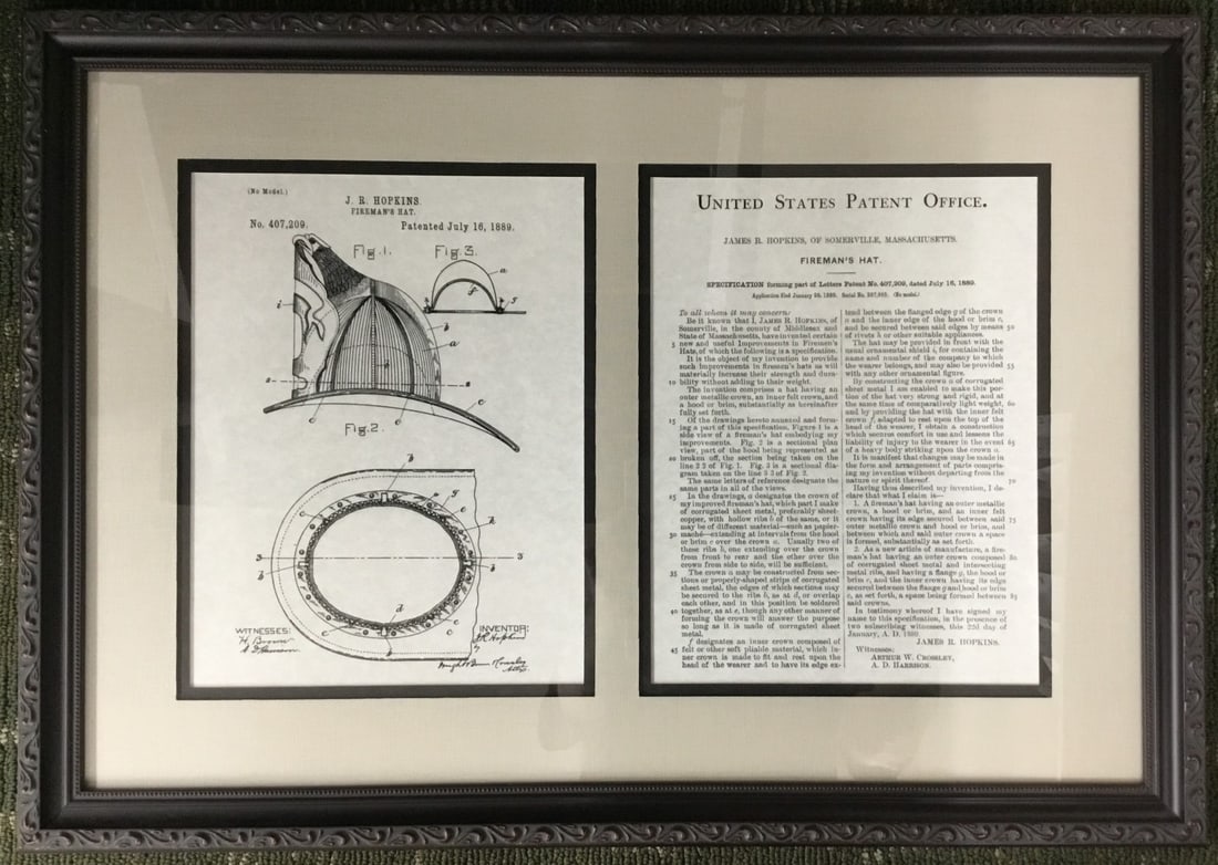 J.R. Hopkins Fireman Hat Patent Document in Custom Framed 17" x 24" Display (1 of 4)