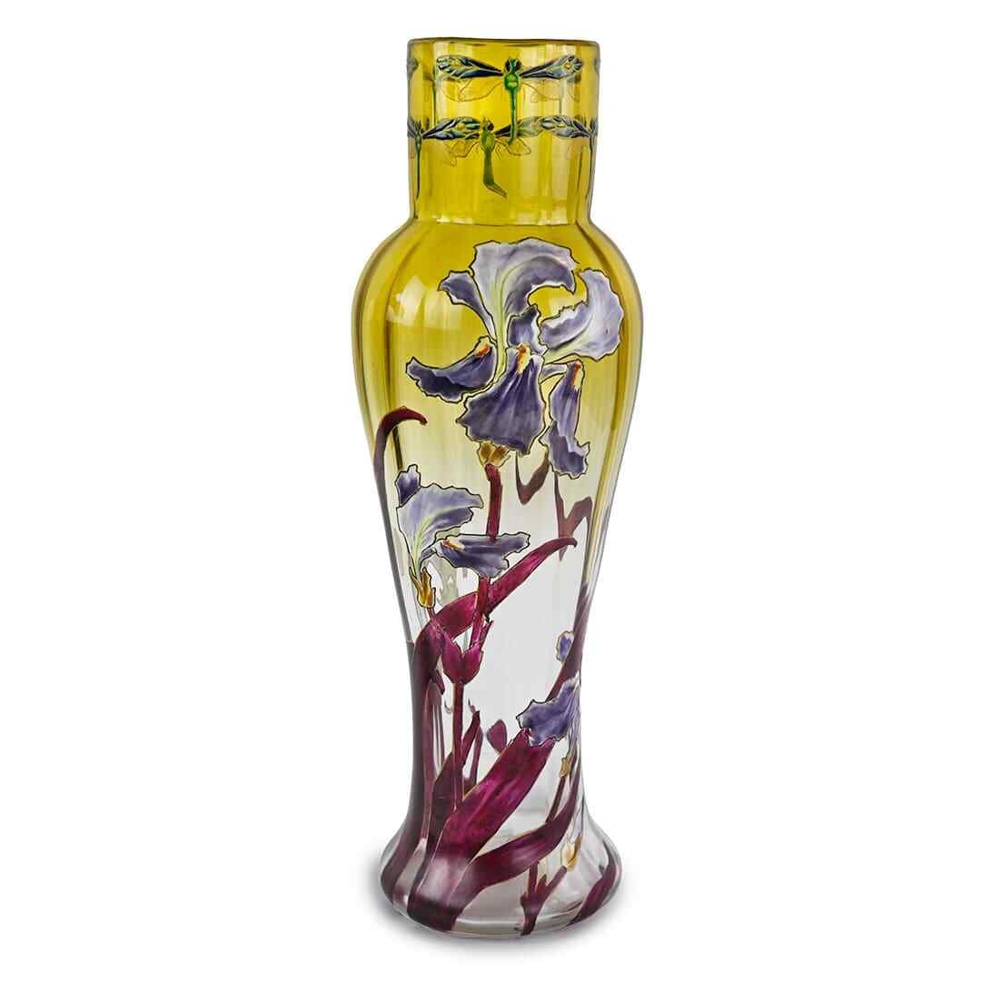 Mt Joy Art Glass Flower Vase France Art Nouveau: Mt Joy Art Glass Flower Vase France Art Nouveau This antique Art Nouveau Mont Joye vase is expertly crafted in France from art glass and stands approximately 19 inches tall. Featuring a delicate flora