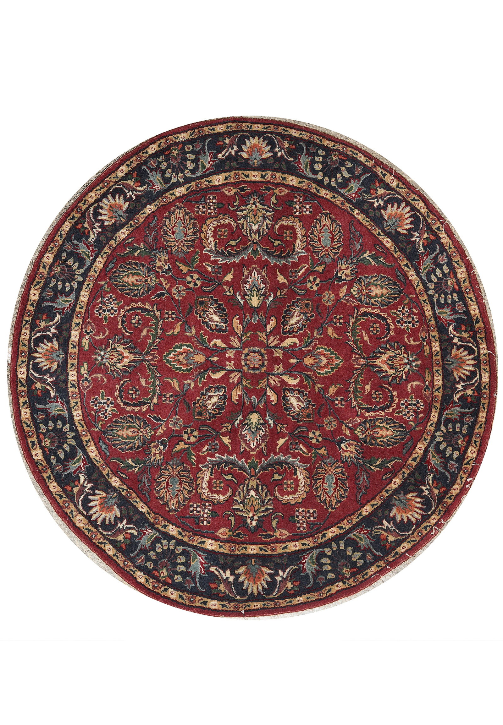 Hand Knotted Jaipur Round Wool Rug 70 in Burgundy Black: Hand Knotted Jaipur Round Wool Rug 70 in Burgundy Black Free continental US Shipping This handmade Jaipur round area rug features a burgundy and black color scheme with a classic medallion design and 