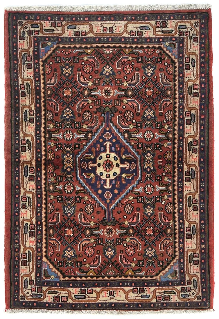 Vintage Handmade Tribal Floral Wool Area Rug 3'3 x 4'7: Vintage Handmade Tribal Floral Wool Area Rug 3'3 x 4'7 Discover this stunning Handmade Vintage Wool Oriental Rug, featuring a captivating floral design in a palette of rusty red, cream, purple-navy, p