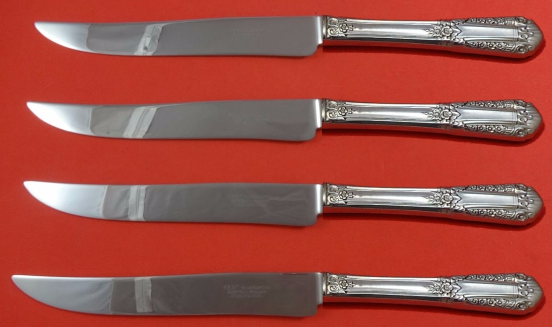 State House Inaugural Sterling Silver Steak Knife Set 4pc Texas Size: State House Inaugural Sterling Silver Steak Knife Set 4pc Texas Size Enhance your dining experience with this exquisite 4-piece Sterling Silver Steak Knife Set from State House, featuring the Inaugura