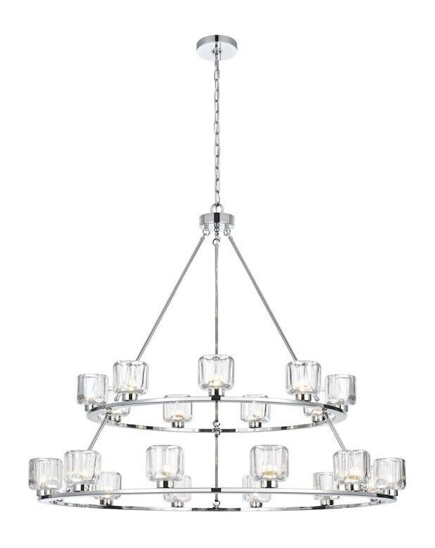 Cadence 21 Light Chrome Glass Chandelier 48 in: Cadence 21 Light Chrome Glass Chandelier 48 in This 21-light chandelier features a chrome plated finish with a metal frame and glass shades, designed in a farmhouse style for indoor use. It is hardwir