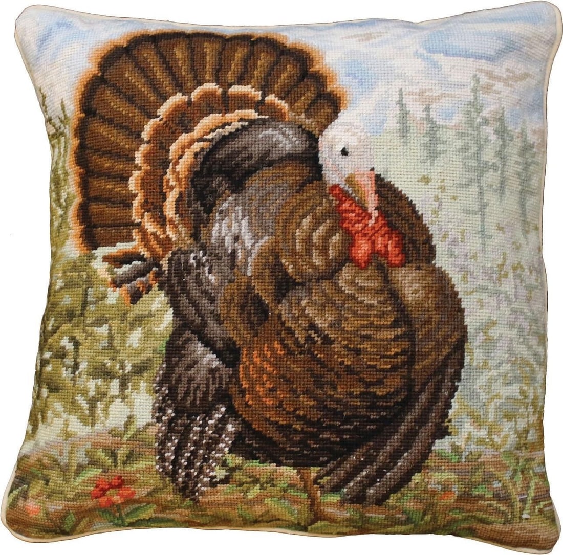 Holiday Needlepoint Pillow with Tom Turkey Design 18x18 Inches: Holiday Needlepoint Pillow with Tom Turkey Design 18x18 Inches This hand-made needlepoint pillow features a Tom Turkey design in holiday style. Crafted with 100% wool and a cotton velvet back, it incl