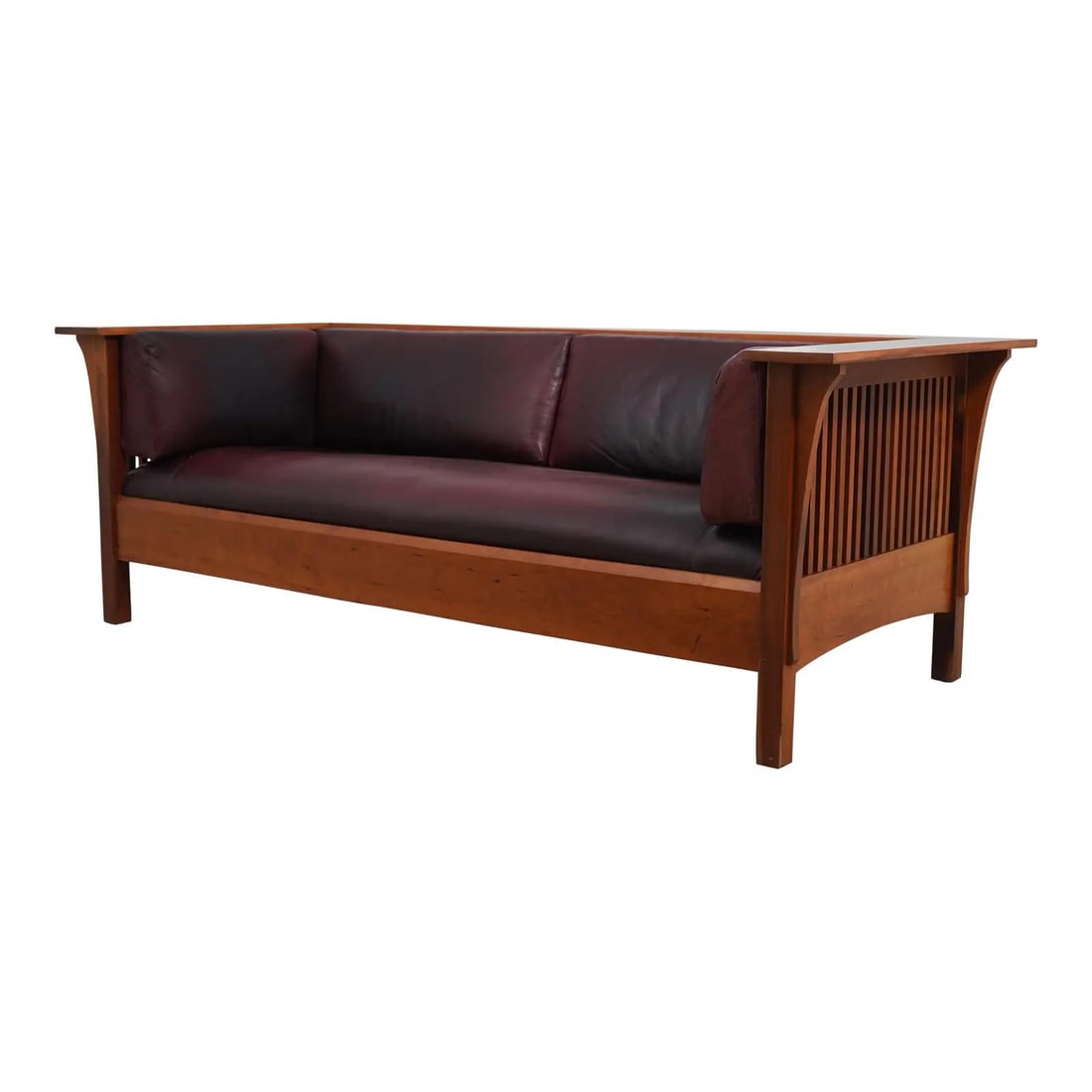 84.5w Stickley Prairie sofa in cherry wood with leather cushions (1 of 10)