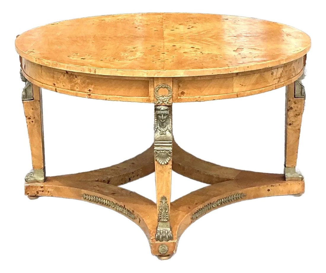 Vintage Neoclassical Burl Wood Ormolu Center Table 53.25 in: Vintage Neoclassical Burl Wood Ormolu Center Table 53.25 in Make a statement with this exquisite Vintage Neoclassical Center Hall Table, designed to command attention and exude timeless sophistication