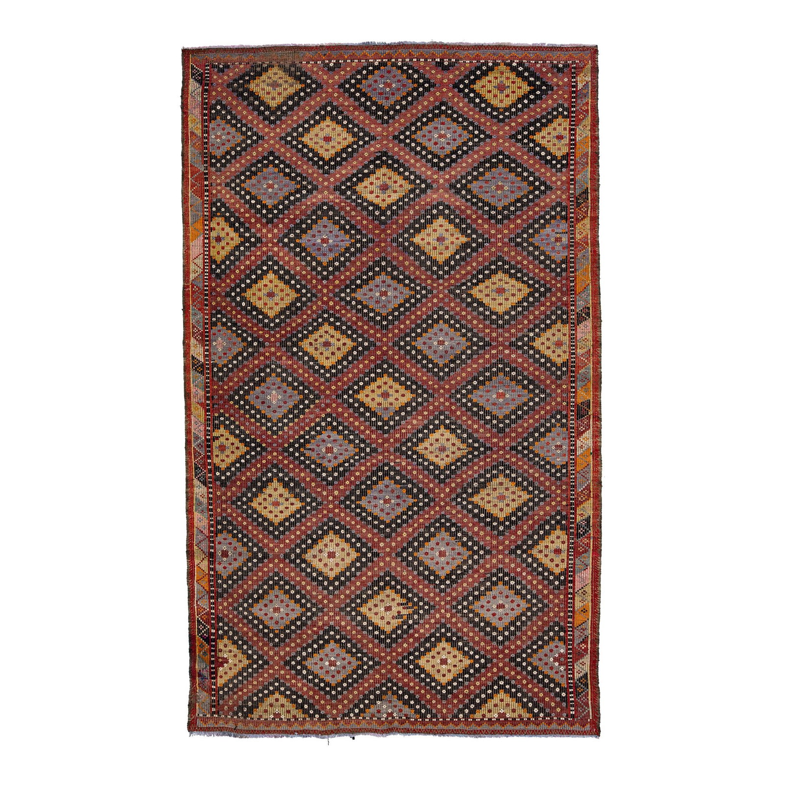 Vintage Sumakh Handmade Wool Rug Black Geometric Design 5'9 x 9'7: Vintage Sumakh Handmade Wool Rug Black Geometric Design 5'9 x 9'7 This stunning vintage Sumakh rug features a hand-knotted design crafted from high-quality wool. The rug showcases a striking black col