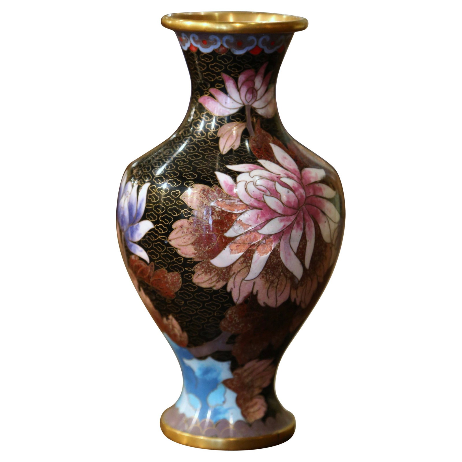 Chinese Cloisonne Floral Baluster Vase Brass Trim 8.25 in: Chinese Cloisonne Floral Baluster Vase Brass Trim 8.25 in This vintage Chinese cloisonne enamel vase features a baluster form adorned with intricate lotus flowers and scrolling foliage in vibrant pink