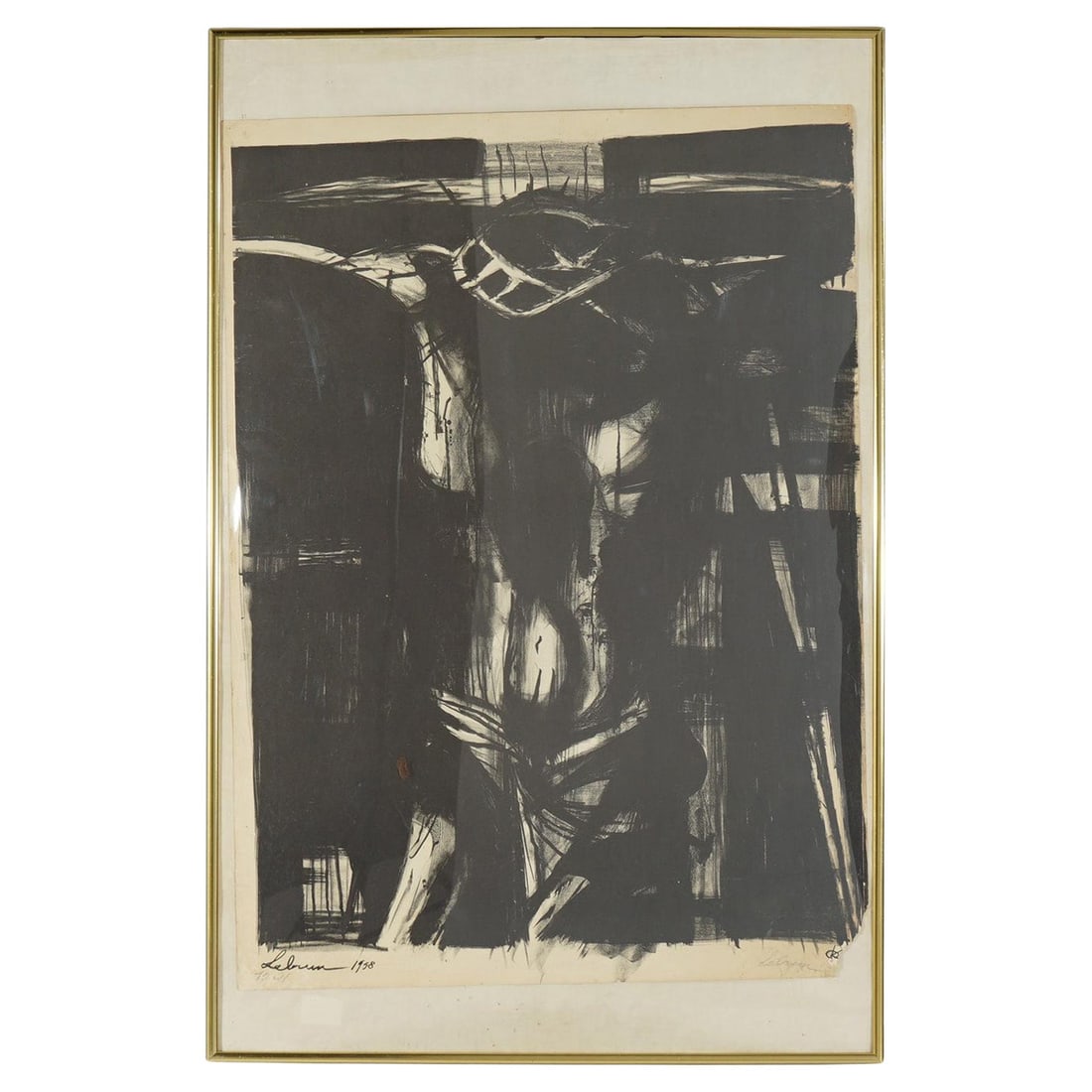 Lebrun abstract crucifixion lithograph pencil signed 1958: Lebrun abstract crucifixion lithograph pencil signed 1958 This mid-century modern abstract lithograph, created by Lebrun in 1958, features a compelling interpretation of the crucifixion rendered in bo