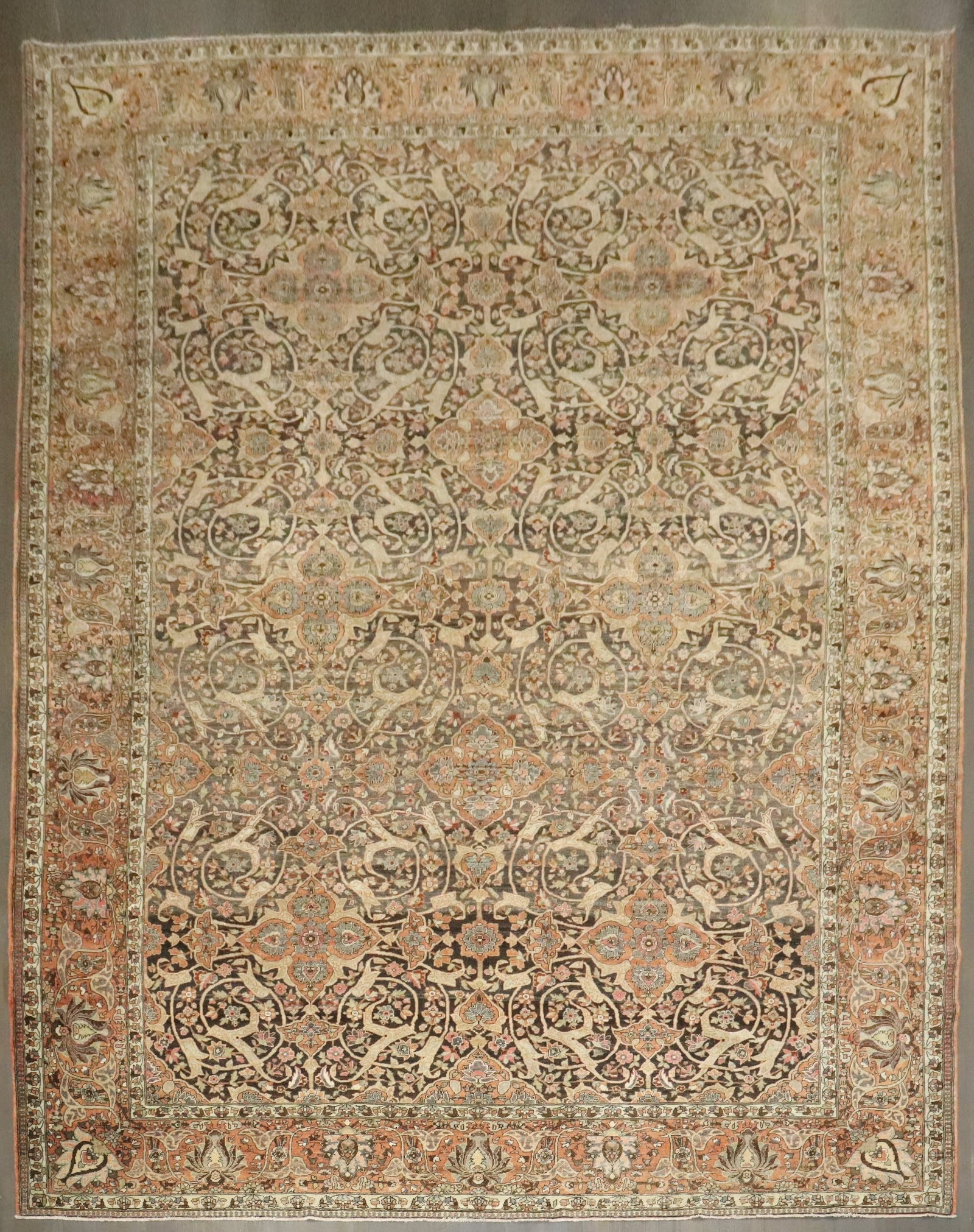 11' 10" x 16' 5" Oversize Persian Joshegan Rug: 11' 10" x 16' 5" Oversize Persian Joshegan Rug Early 20th-century Persian Joshegan large rug in a brown colorway. This pre-owned oversize rug is identified as Baktiari and Joshegan. Specifications Ori