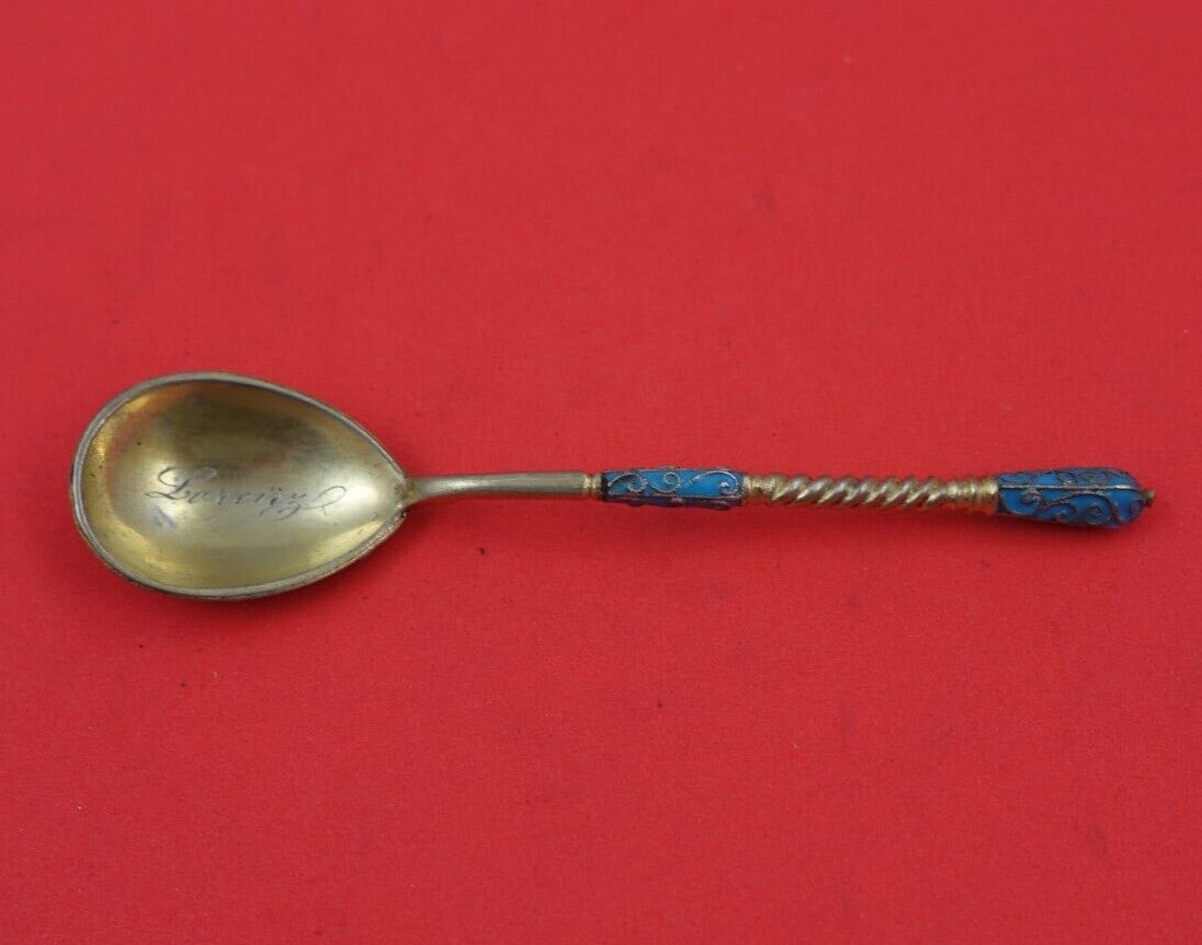 GK Russian .84 Silver Vermeil Coffee Spoon with Twisted Handle and Turquoise Enamel: GK Russian .84 Silver Vermeil Coffee Spoon with Twisted Handle and Turquoise Enamel This exquisite Russian coffee spoon by GK showcases .84 silver craftsmanship, enhanced by a luxurious vermeil finish