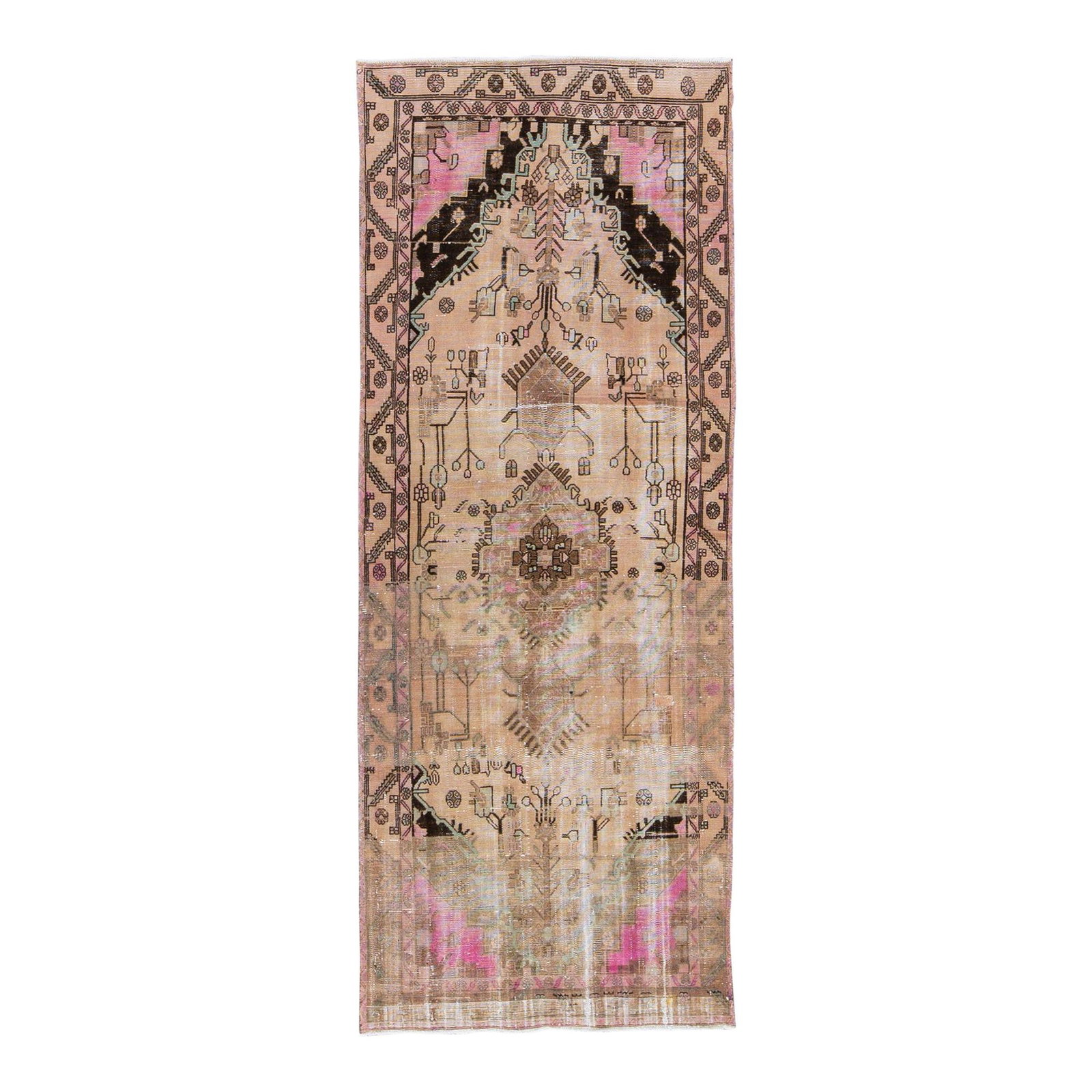 Vintage Persian Hamadan Handmade Wool Runner 4'02 x 10'08 Medallion Design: Vintage Persian Hamadan Handmade Wool Runner 4'02 x 10'08 Medallion Design This stunning vintage Persian runner showcases a beautifully distressed hand-knotted wool construction in a soft beige field.
