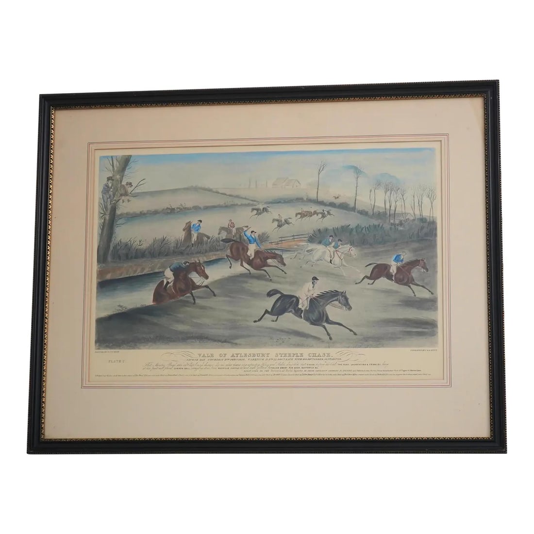 Framed Vale of Aylesbury Steeple Chase Etching by C&G Hunt: Framed Vale of Aylesbury Steeple Chase Etching by C&G Hunt This vintage hand-painted etching depicts the Vale of Aylesbury Steeple Chase, attributed to C&G Hunt (1803-1877). The artwork features vibra