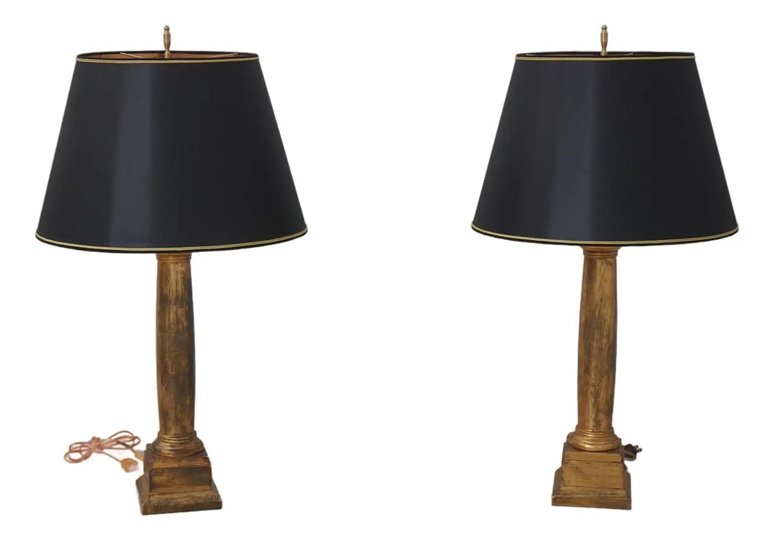 French Empire Gold Leaf Wood Column Lamp Pair: French Empire Gold Leaf Wood Column Lamp Pair This pair of vintage French Empire column lamps dates to the 1930s and features a gold leaf finish on wood. Each lamp is constructed with high-quality cra