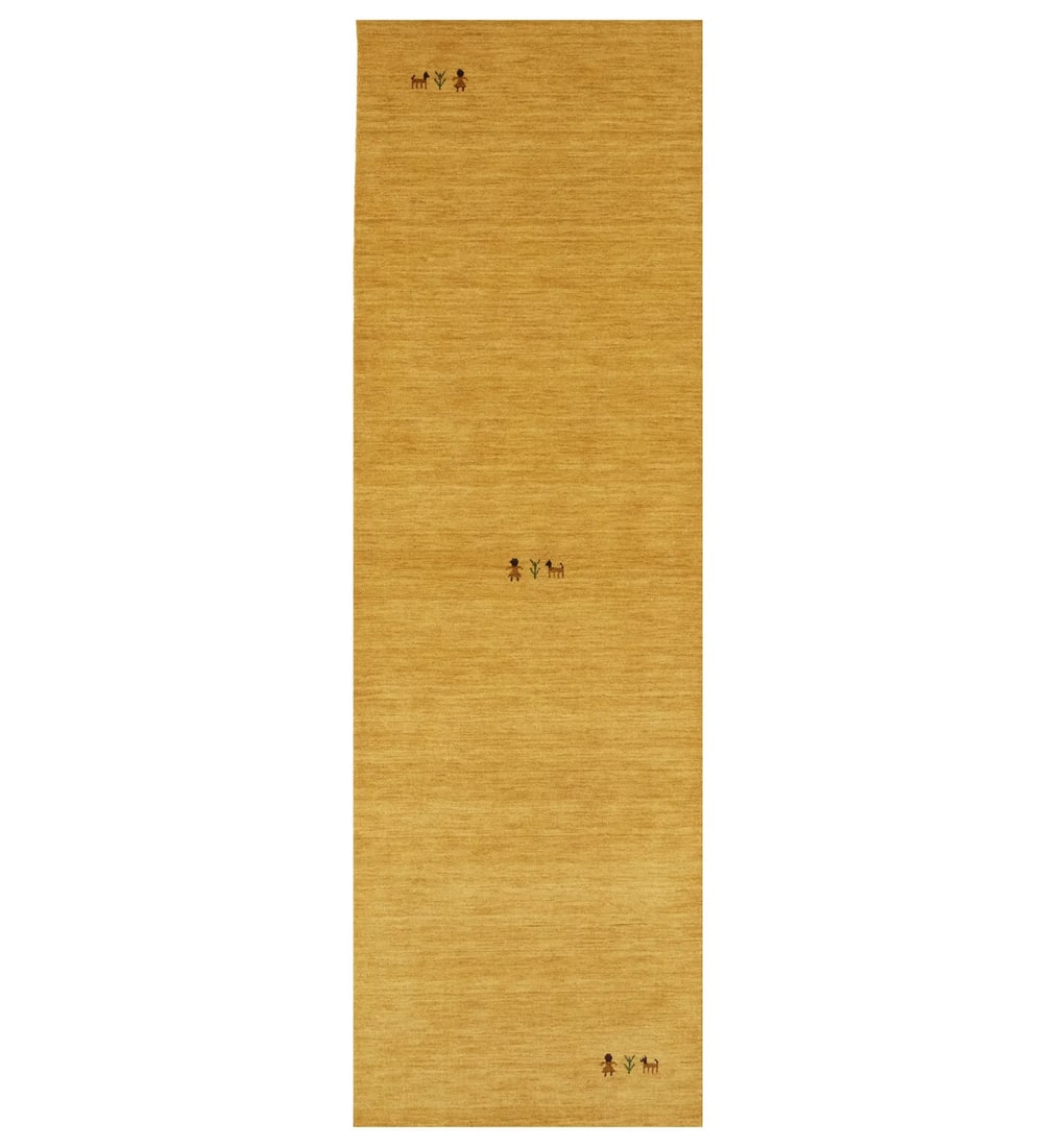 Hand Loomed Wool Gabbeh Runner Rug Golden Peach 2'7 x 7'11: Hand Loomed Wool Gabbeh Runner Rug Golden Peach 2'7 x 7'11 Transform your space with this stunning Modern Gabbeh Golden Peach Tribal Wool Runner Rug. Hand-loomed with meticulous craftsmanship, this un