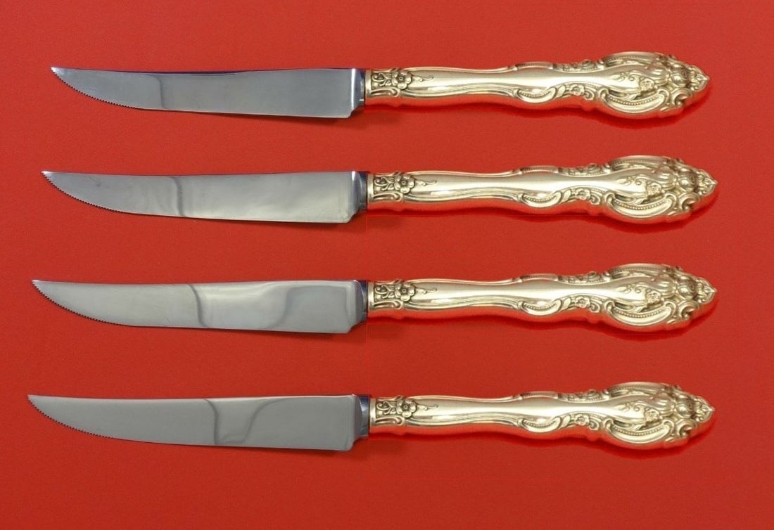 Gorham La Scala Sterling Silver Steak Knife Set 4pc Custom Made 8.5": Gorham La Scala Sterling Silver Steak Knife Set 4pc Custom Made 8.5" This exquisite 4-piece steak knife set features the elegant La Scala pattern by Gorham. Crafted from sterling silver, each knife ha