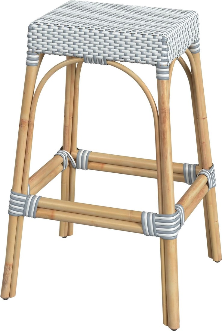 Butler Tobias Barstool Coastal Style Natural Rattan Blue White (1 of 5)