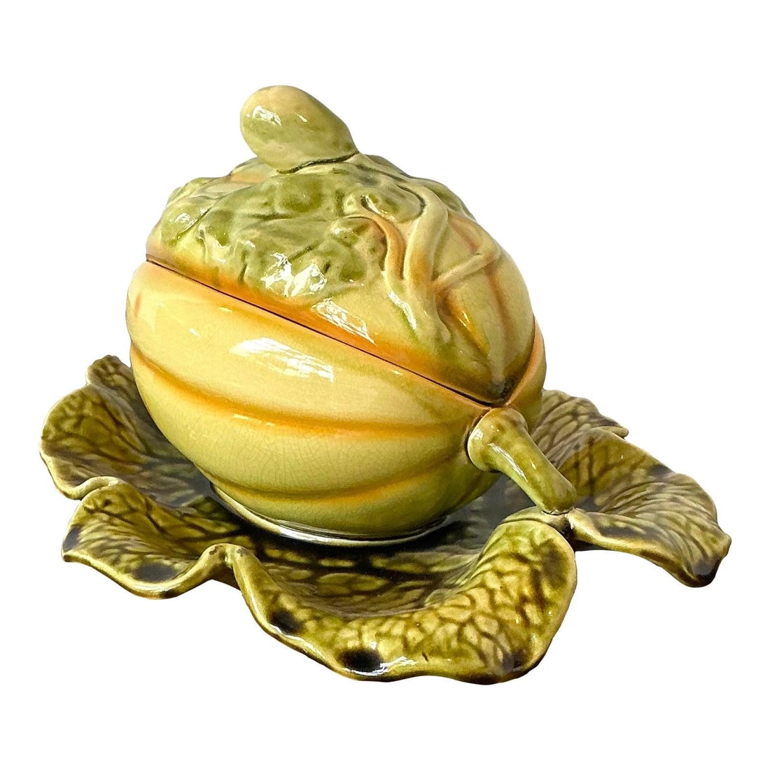 Sarreguemines Majolica Ceramic Melon Lidded Bowl with Leaf Saucer (1 of 7)