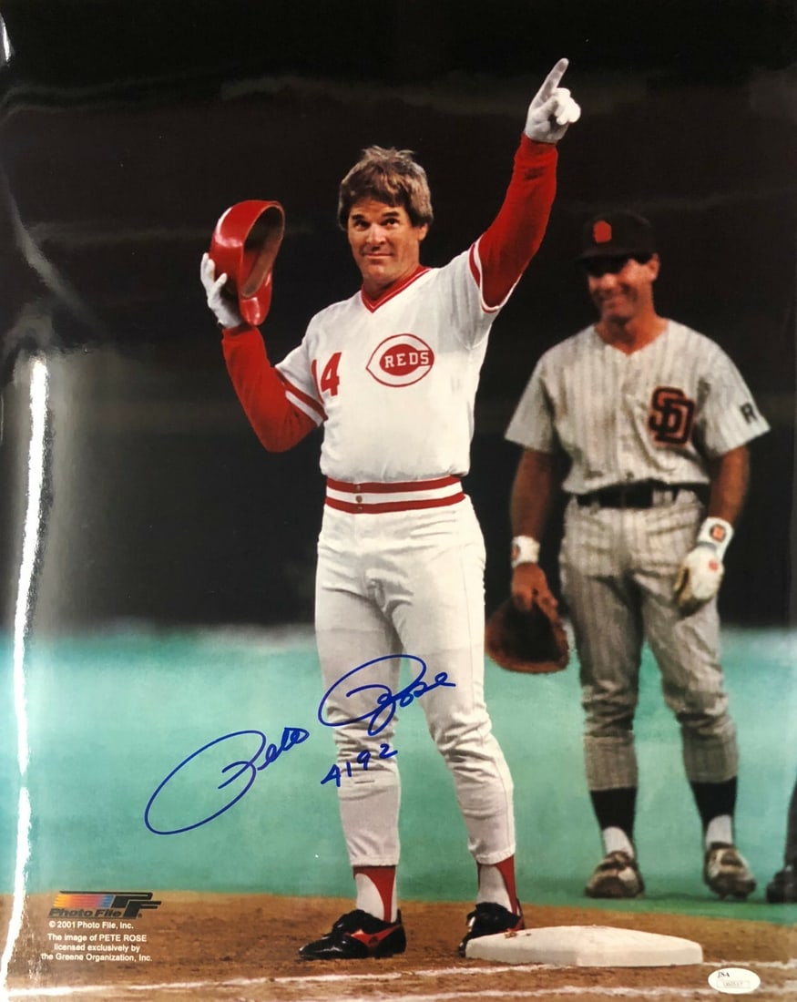 Pete Rose Signed 16x20 Photo Custom Framed JSA COA Cincinnati Reds Inscribed 4192: Pete Rose Signed 16x20 Photo Custom Framed JSA COA Cincinnati Reds Inscribed 4192 Celebrate baseball history with this stunning 16" x 20" photograph of Pete Rose, the all-time hit leader. This iconic 