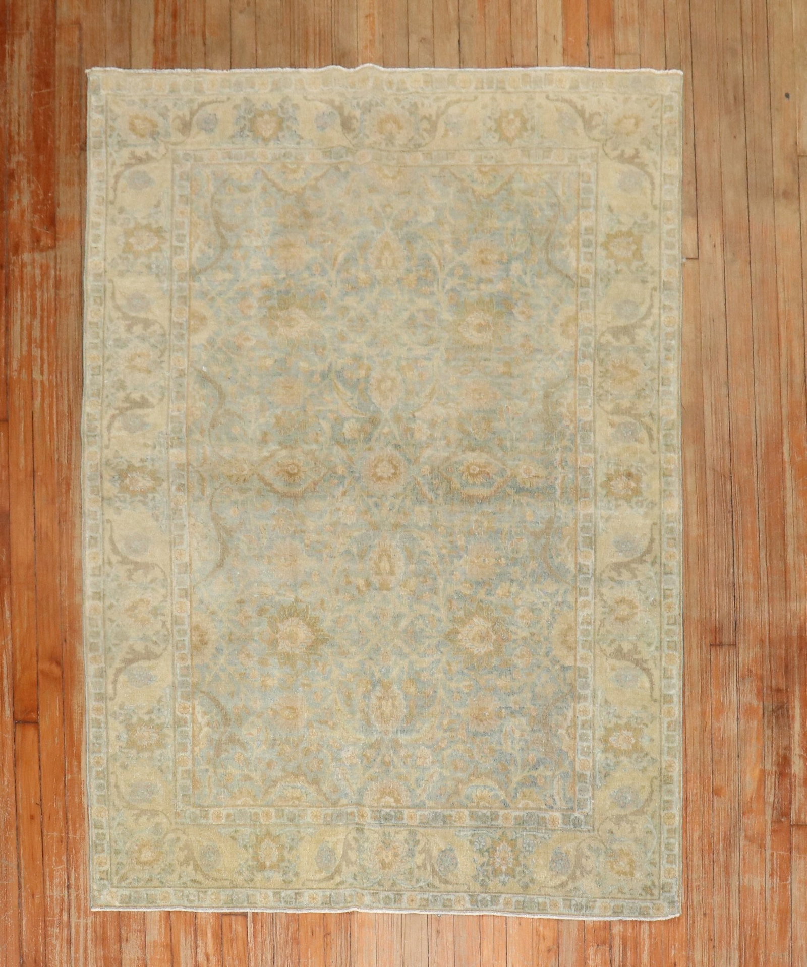 4' 5" x 6' Persian Tabriz Accent Rug Light Blue 1920s: 4' 5" x 6' Persian Tabriz Accent Rug Light Blue 1920s Antique Persian Tabriz rug from the 1920s in light blue and light yellow. This pre-owned accent rug features the classic Tabriz style and offers a