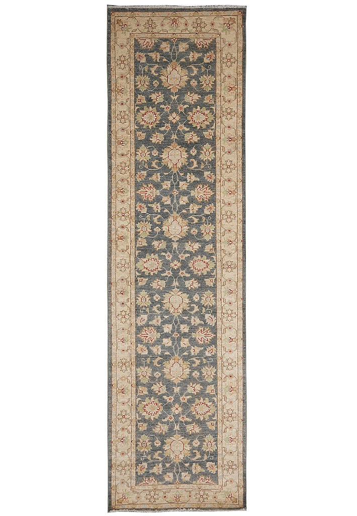 2.9 x 9.10' Handmade Chobi Oushak Runner Moss Green Wool Rug: 2.9 x 9.10' Handmade Chobi Oushak Runner Moss Green Wool Rug Free continental US Shipping Handmade runner rug in a Chobi Moss Green style, described as a semi-antique Kerman piece with an open red fie