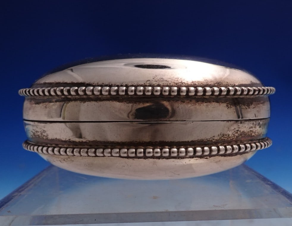 Shiebler Bead Sterling Silver Hinged Soap Dish with Monogram 3 5/8 Inch: Shiebler Bead Sterling Silver Hinged Soap Dish with Monogram 3 5/8 Inch This Shiebler sterling silver soap dish features the elegant Bead pattern and includes a hinged lid. Crafted in the United State