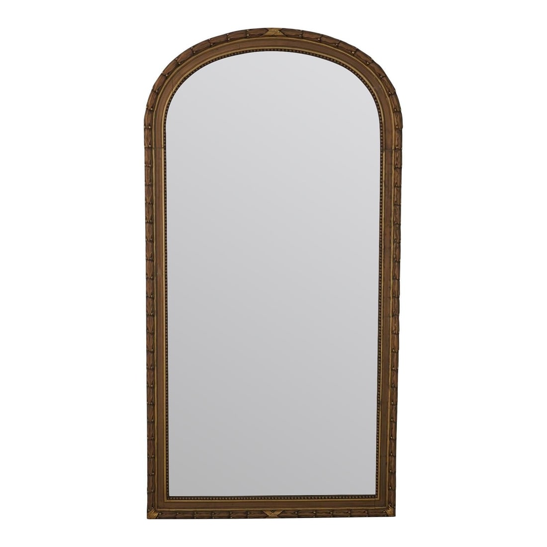 31.5w x 2d x 61h Traditional Gilt Carved Beveled Glass Mirror: 31.5w x 2d x 61h Traditional Gilt Carved Beveled Glass Mirror Vintage large dome top gilt gold carved mirror from circa the 1930s with beveled glass and fine carved details. It is described as a high 