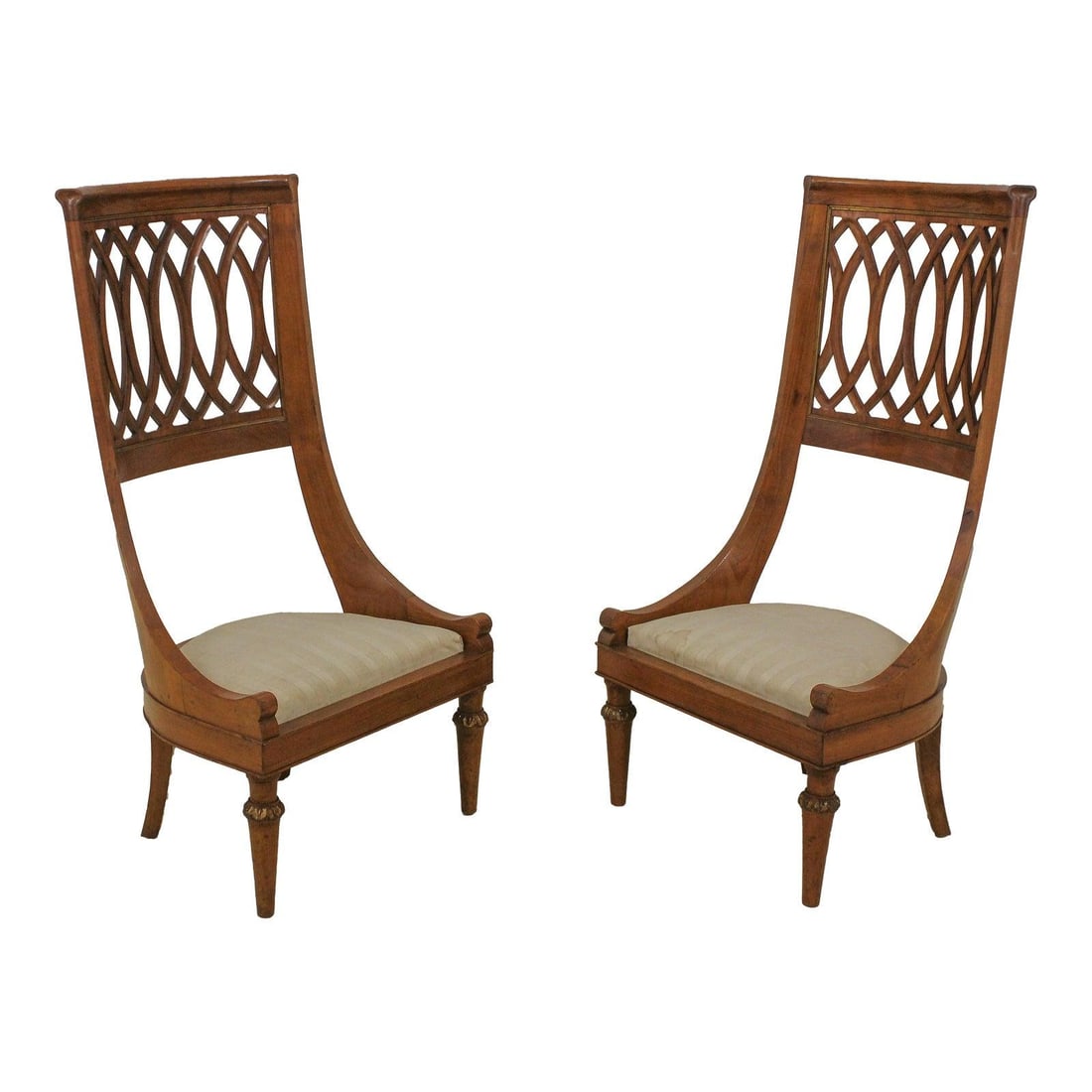 Elegant Pair of 80 Year Old Italian Walnut Tall Back Chairs: Elegant Pair of 80 Year Old Italian Walnut Tall Back Chairs Discover a pair of distinctive Italian walnut chairs, showcasing an elegant tall back design that complements any interior. Crafted approxim