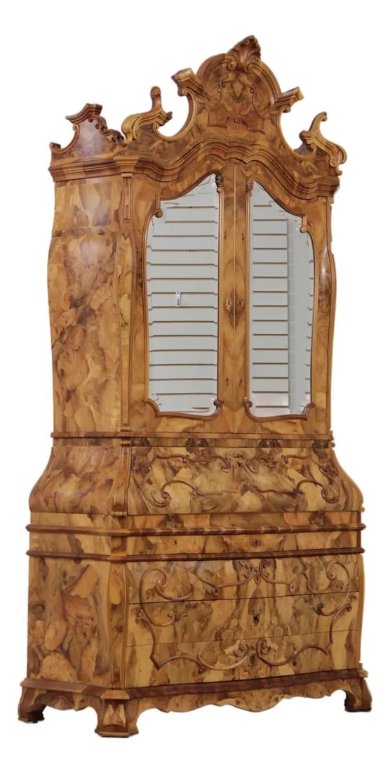 Traditional Italian Olive Wood Secretary Cabinet With Inlay and Mirrored Doors (1 of 10)