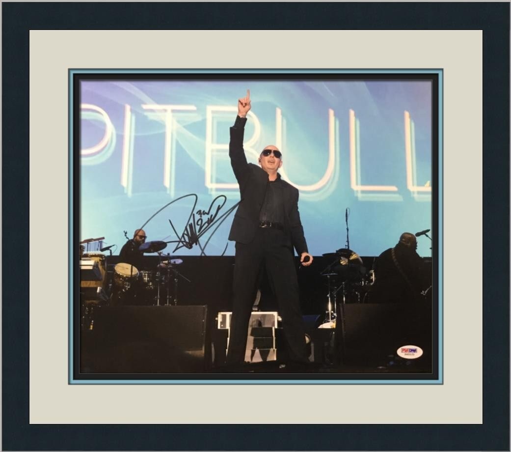 Custom Framed Pitbull Autographed 11x14 Photo PSA DNA Authenticated: Custom Framed Pitbull Autographed 11x14 Photo PSA DNA Authenticated This is an original 11" x 14" color photograph signed by Pitbull. The photograph is custom framed to a size of 17" x 20" using museu