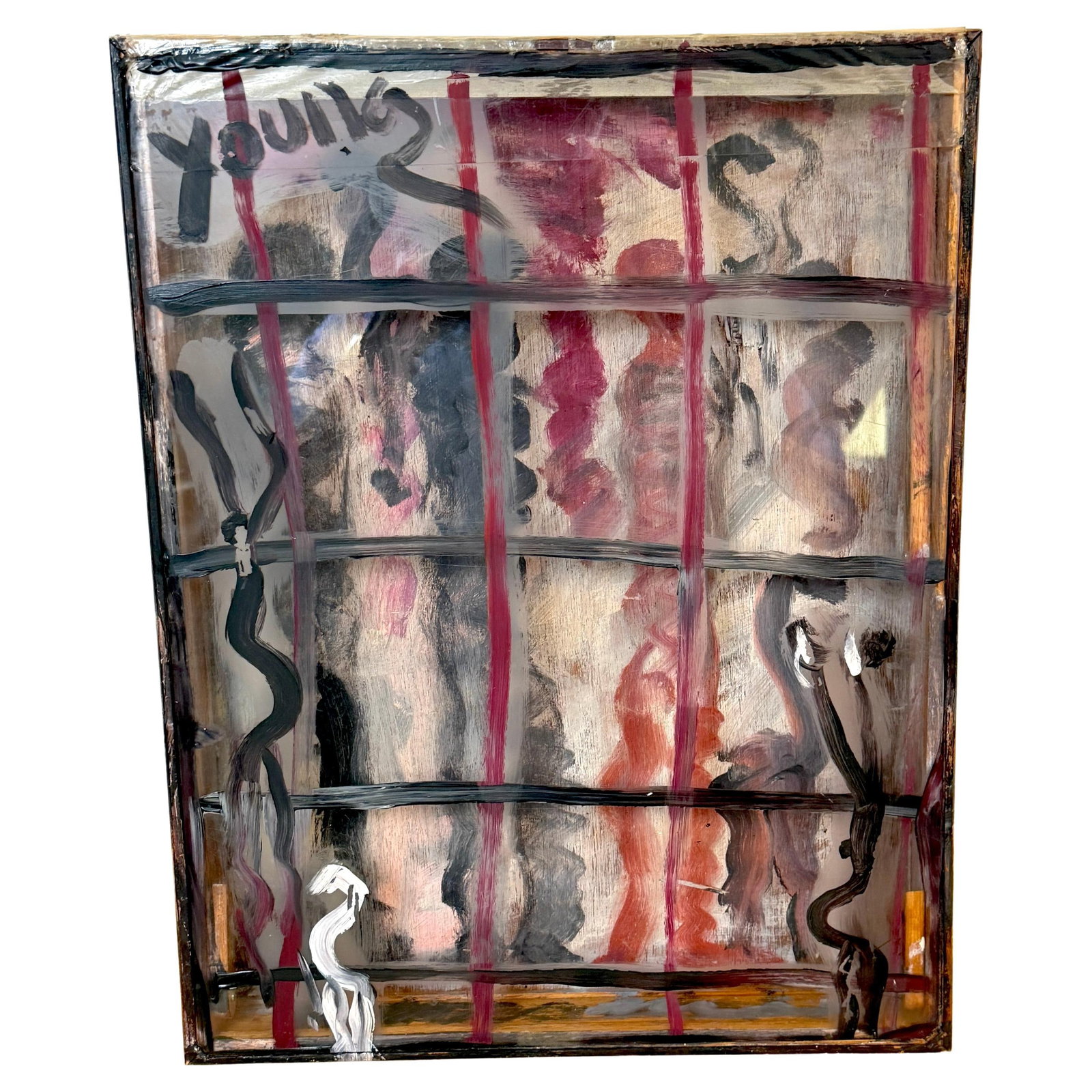 Mixed Media Window Assemblage by Purvis Young Signed on Scrap Wood and Plexiglass: Mixed Media Window Assemblage by Purvis Young Signed on Scrap Wood and Plexiglass This mixed-media assemblage by Purvis Young, titled "Untitled (Window Assemblage)," was created in the 1990s in Miami,