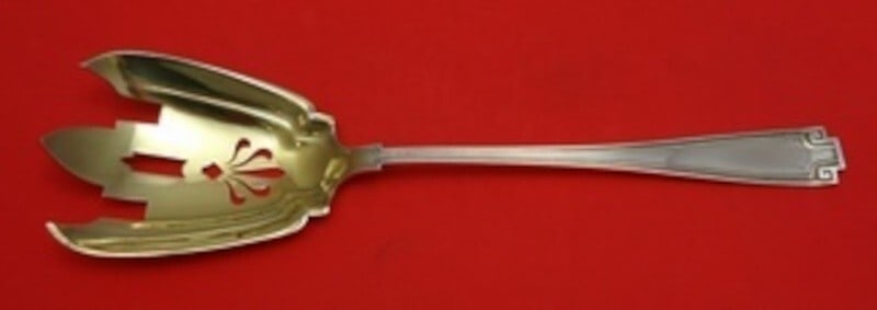 Gorham Etruscan Sterling Silver Salad Serving Fork Gold Washed 10.5": Gorham Etruscan Sterling Silver Salad Serving Fork Gold Washed 10.5" Elevate your dining experience with this exquisite Etruscan by Gorham Sterling Silver Salad Serving Fork. Measuring 10 1/2 inches, 
