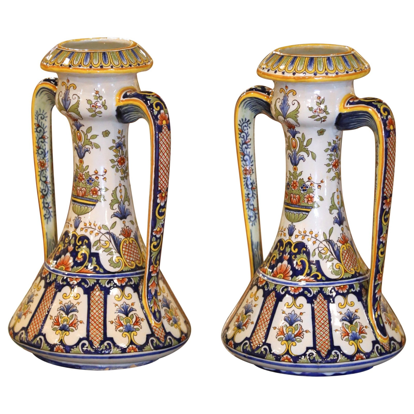 19th Century Rouen Hand Painted Faience Vases Set of 2: 19th Century Rouen Hand Painted Faience Vases Set of 2 Enhance your home decor with this exquisite pair of 19th Century French hand-painted faience vases from Rouen. Crafted in Normandy around 1890, t