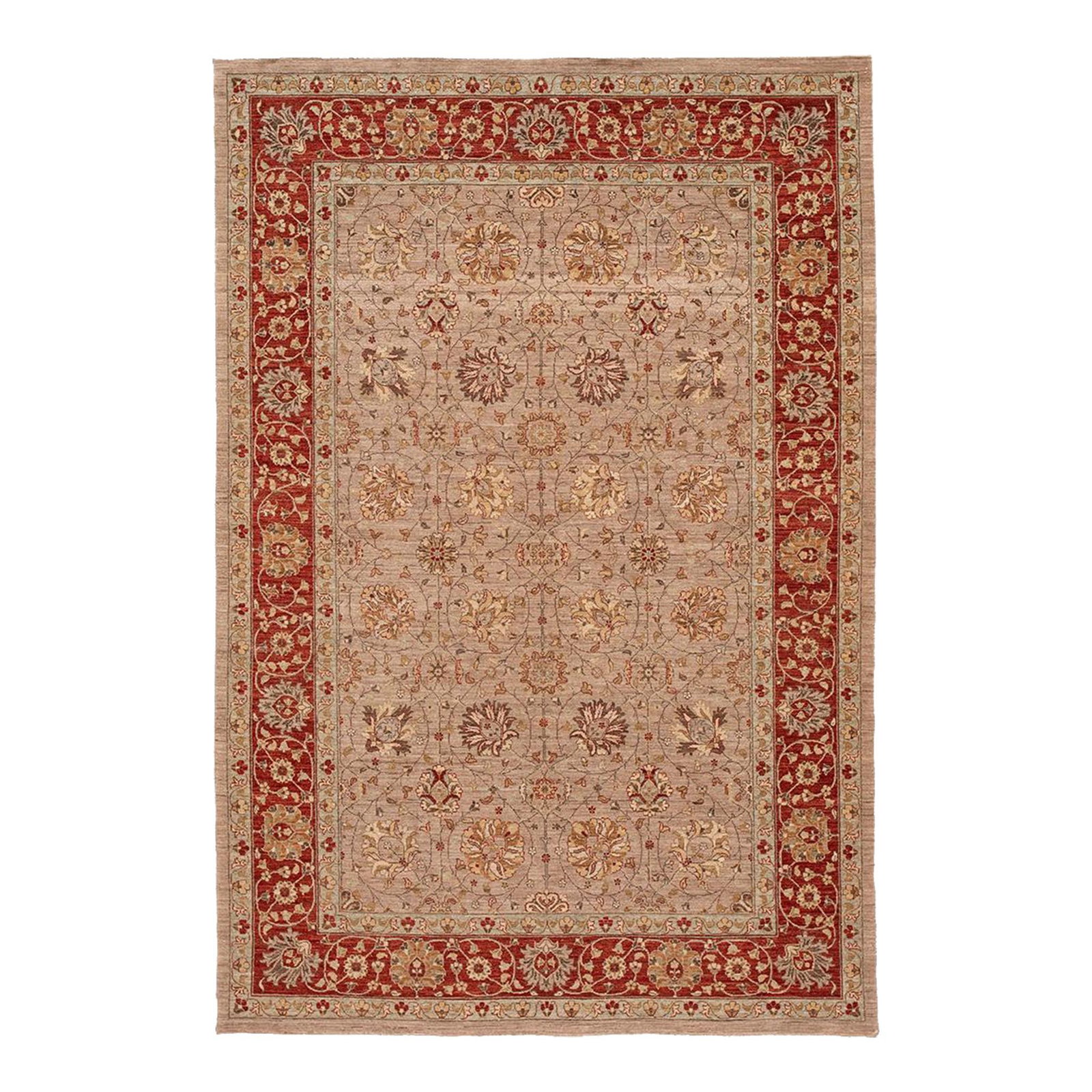 Handmade Indian Tabriz Beige Floral Wool Rug 6'1 x 8'11: Handmade Indian Tabriz Beige Floral Wool Rug 6'1 x 8'11 Enhance your space with this exquisite contemporary Indian Tabriz wool rug featuring a warm beige field complemented by intricate red, tan, and 
