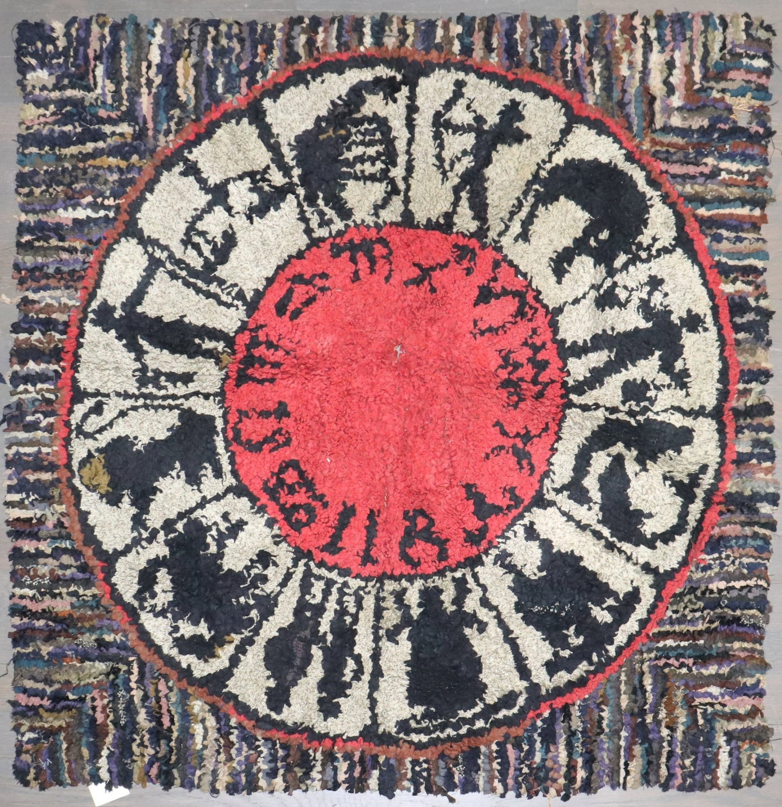 3' x 3' 2" Vintage American Hooked Rug Zodiac Pattern: 3' x 3' 2" Vintage American Hooked Rug Zodiac Pattern Vintage mid-20th century hooked rug featuring a zodiac horoscope pattern in a small square format. Pre-owned. Specifications Item Type: Hooked rug