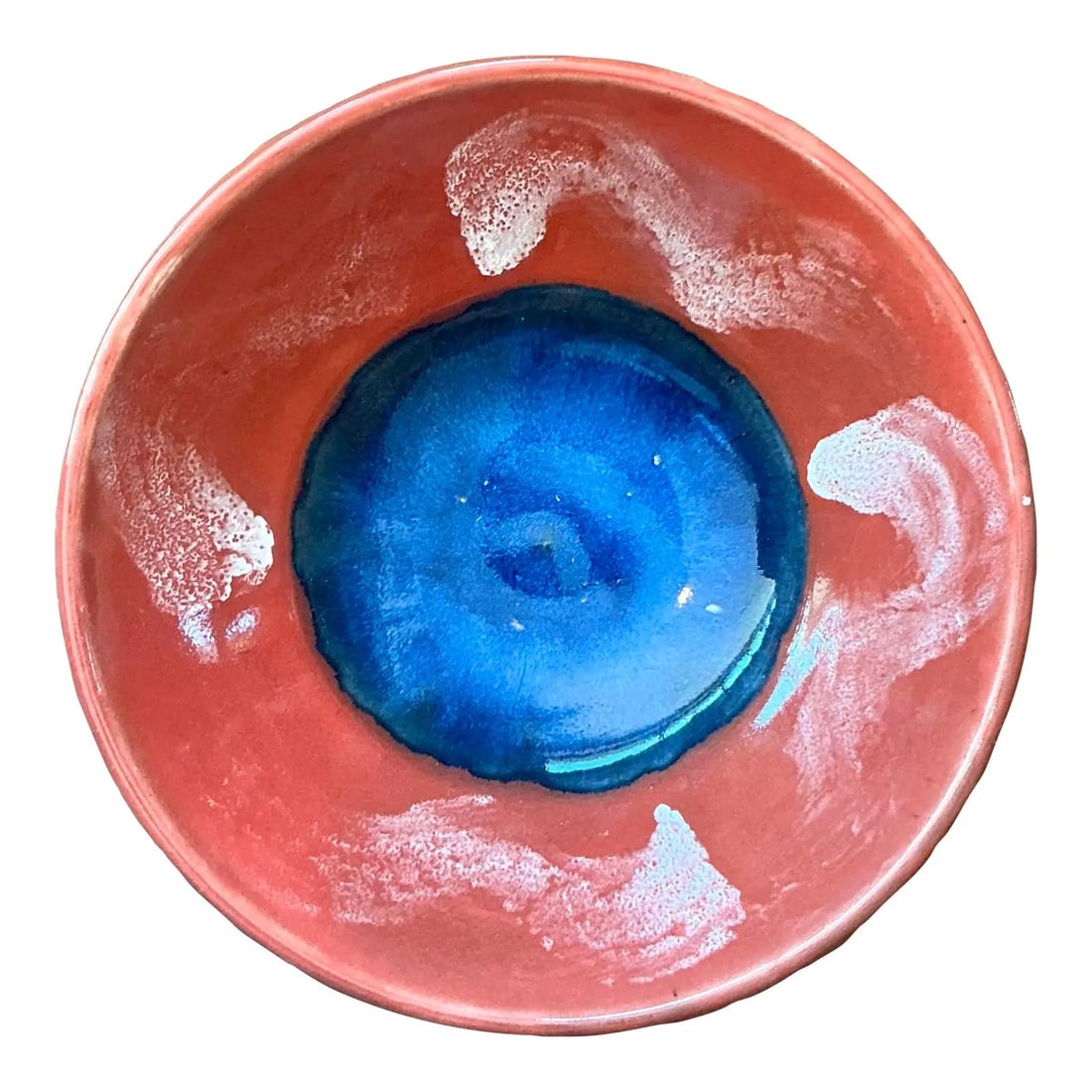 Studio Pottery Bowl with Cobalt Blue and Terracotta Hand Painted Design 11.75" (1 of 7)