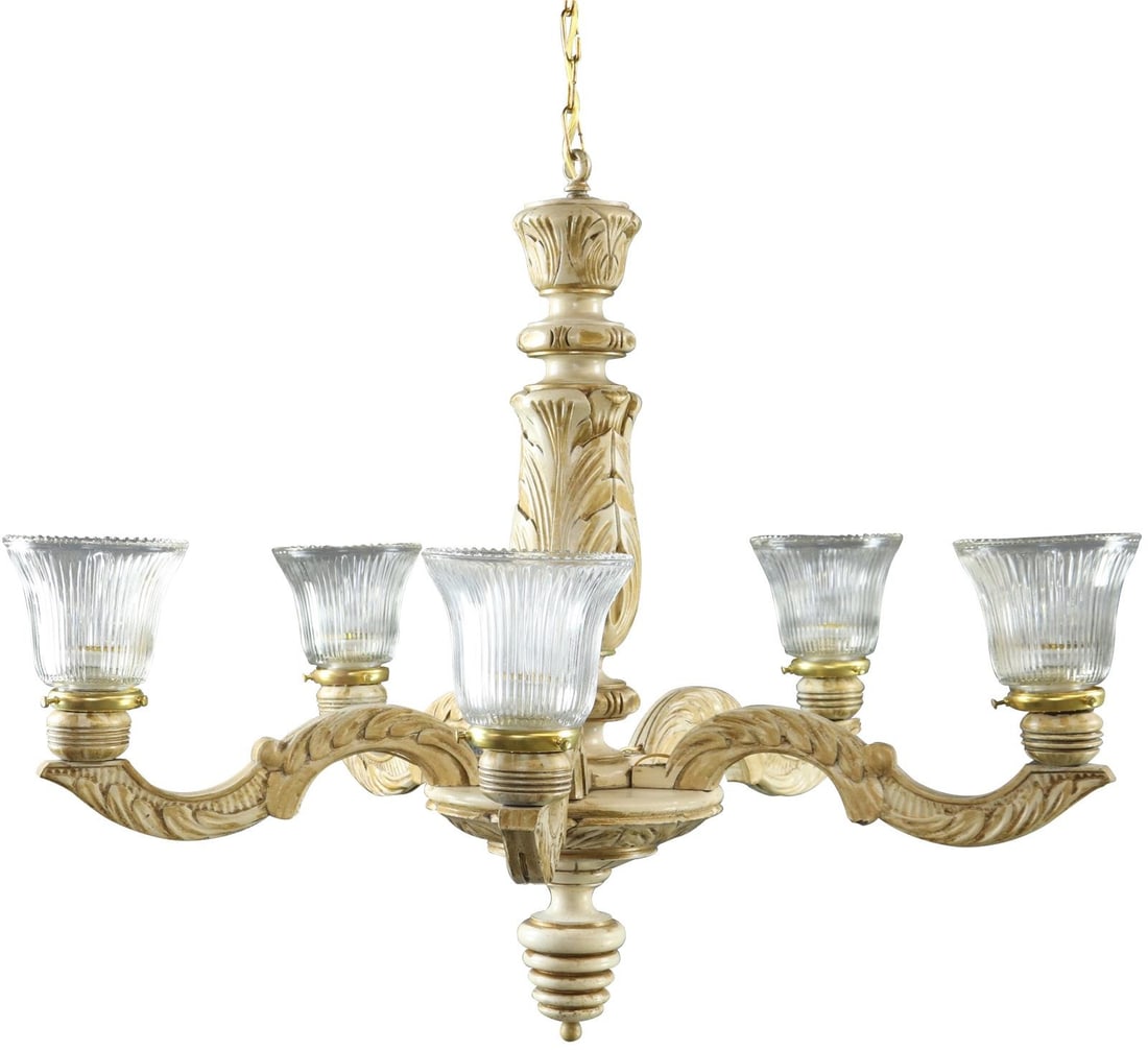 Vintage 1920 French 5-Arm Renaissance Bowl Chandelier: Vintage 1920 French 5-Arm Renaissance Bowl Chandelier This exquisite vintage French chandelier features a stunning 5-arm design in the elegant Renaissance style. Crafted from metal and wood, it showca