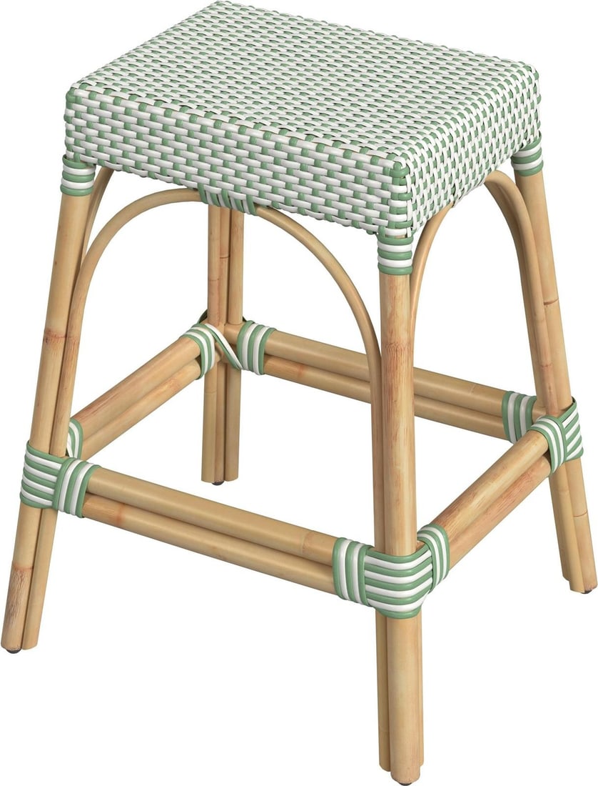 Butler Rattan Stool Coastal Style Natural Finish 24.5H: Butler Rattan Stool Coastal Style Natural Finish 24.5H Introducing the Butler's Robias Green Rattan Stool, a stylish addition to your coastal decor. This stool features a natural rattan frame with a r